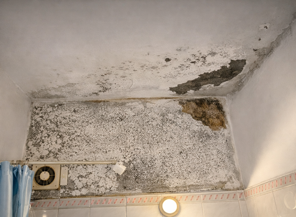 Bathroom mould on tile grout before mould removal in Cyprus
